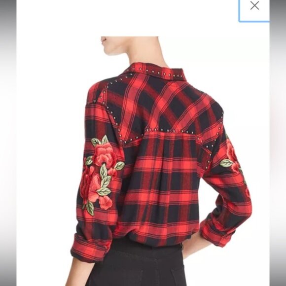 Rails Red and Black Plaid Shirt with studs and rose patch work - Picture 2 of 11